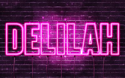 Delilah, 4k, wallpapers with names, female names, Delilah name, purple neon lights, horizontal text, picture with Delilah name