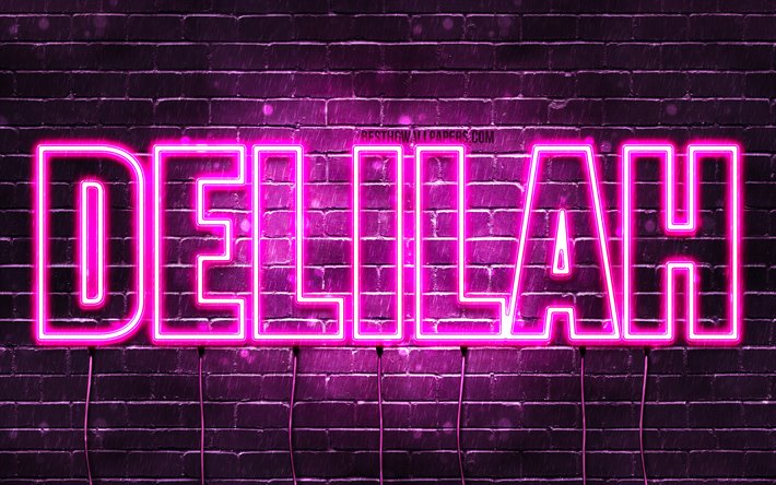 Delilah, 4k, wallpapers with names, female names, Delilah name, purple neon lights, horizontal text, picture with Delilah name