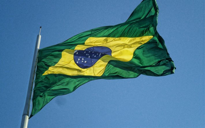 Brazil flag, blue sky, fabric flag, Brazil flag on a flagpole, Brazilian flag, South America, Flag of Brazil