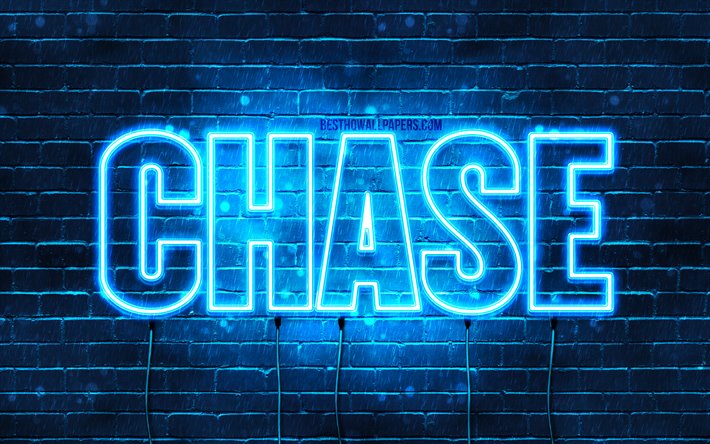 Chase, 4k, pap&#233;is de parede com os nomes de, texto horizontal, Chase nome, luzes de neon azuis, imagem com o Chase nome