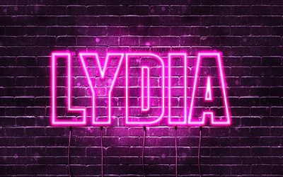Lydia, 4k, taustakuvia nimet, naisten nimi&#228;, Lydia nimi, violetti neon valot, vaakasuuntainen teksti, kuva Lydia nimi