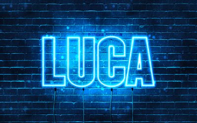 Luke, 4k, taustakuvia nimet, vaakasuuntainen teksti, Luca nimi, blue neon valot, kuva Luca nimi