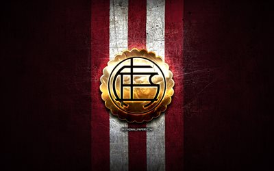 Lanus FC, golden logo, Argentine Primera Division, red metal background, football, CA Lanus, argentinian football club, Lanus logo, soccer, Argentina, Club Atletico Lanus