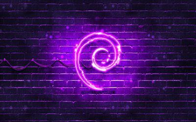 Debian violeta logotipo, 4k, violeta brickwall, Logotipo de Debian, Linux, Debian neon logotipo, Debian