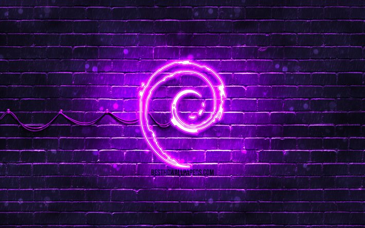 Debian viola logo, 4k, viola, muro di mattoni, logo di Debian, Linux, Debian, neon logo di Debian