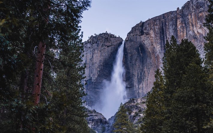 cachoeira na montanha, p&#244;r do sol, Vale De Yosemite, noite, paisagem de montanha, Canad&#225;, cachoeira