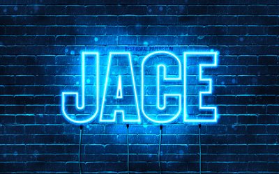 Jace, 4k, pap&#233;is de parede com os nomes de, texto horizontal, Jace nome, luzes de neon azuis, imagem com o Jace nome