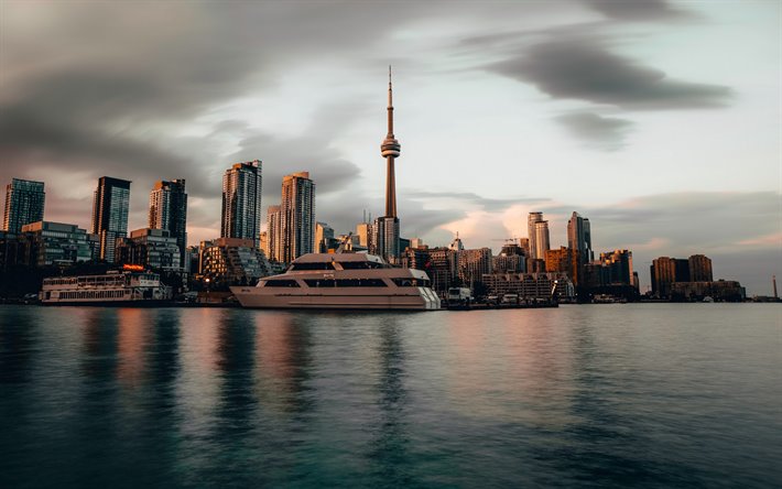 Toronto, CN Kulesi, akşam, G&#252;n batımı, modern mimari, g&#246;kdelenler, şehir, Kanada