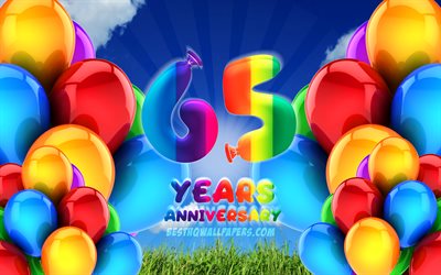 4k, 65 Years Anniversary, cloudy sky background, colorful ballons, artwork, 65th anniversary sign, Anniversary concept, 65th anniversary