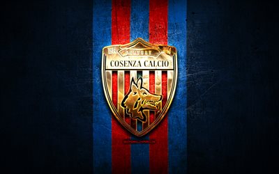 Cosenza FC, golden logo, Serie B, blue metal background, football, Cosenza Calcio, italian football club, Cosenza logo, soccer, Italy