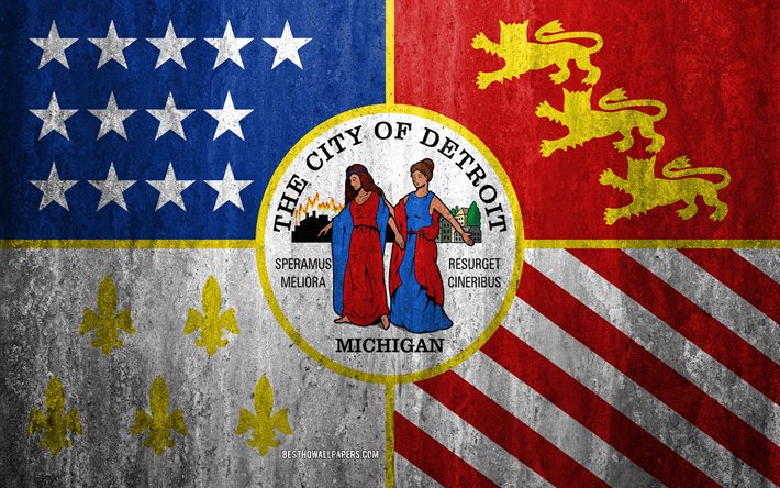 Bandiera di Detroit, Michigan, 4k, pietra, sfondo, Americano, citt&#224;, grunge, bandiera, Detroit, USA, arte, texture, le bandiere delle citt&#224; americane