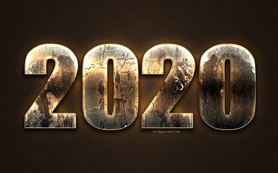 Brun 2020 bakgrund, Gott Nytt &#197;r 2020, brunt l&#228;der konsistens, 2020 begrepp, kreativ konst, Nytt &#197;r 2020, metall bokst&#228;ver