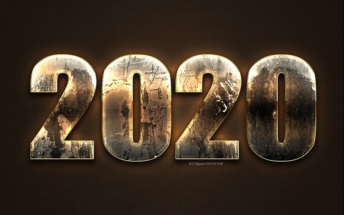 Brown 2020 background, Happy New Year 2020, brown leather texture, 2020 concepts, creative art, New Year 2020, metal letters