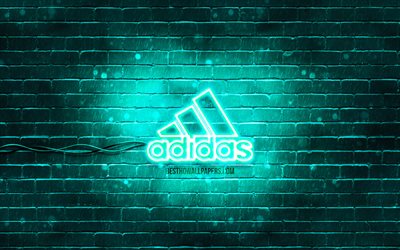 Adidas turquoise logo, 4k, turquoise brickwall, Adidas logo, brands, Adidas neon logo, Adidas