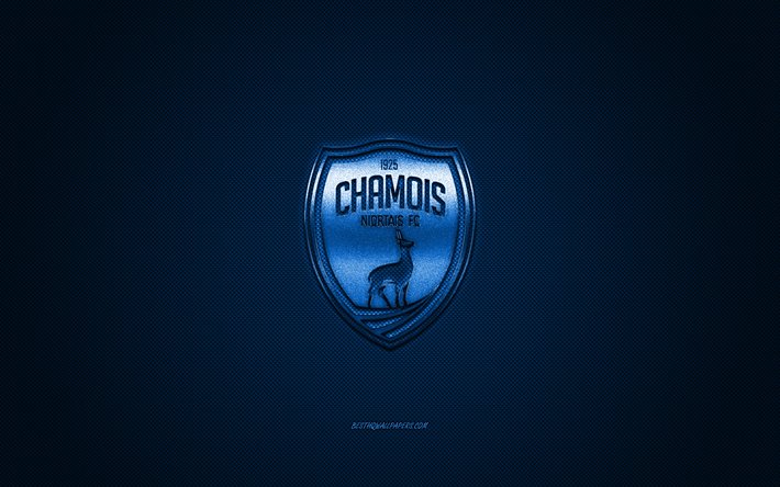 Chamois Niortais FC, club fran&#231;ais de football, Ligue 2, logo bleu, bleu en fibre de carbone de fond, football, Niort, France, Chamois Niortais FC logo