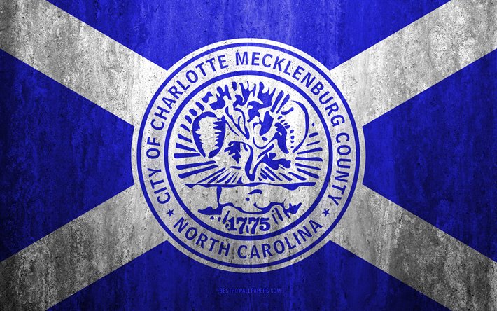 Flag of Charlotte, North Carolina, 4k, stone background, American city, grunge flag, Charlotte, USA, Charlotte flag, grunge art, stone texture, flags of american cities