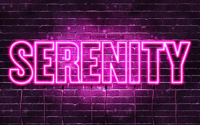 Serenity, 4k, wallpapers with names, female names, Serenity name, purple neon lights, horizontal text, picture with Serenity name