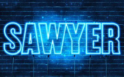 Sawyer, 4k, wallpapers with names, horizontal text, Sawyer name, blue neon lights, picture with Sawyer name