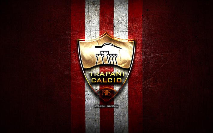 Download wallpapers Trapani FC, golden logo, Serie B, red metal background,  football, Trapani Calcio, italian football club, Trapani logo, soccer,  Italy for desktop free. Pictures for desktop free