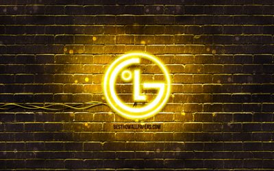LG yellow logo, 4k, yellow brickwall, LG logo, brands, LG neon logo, LG