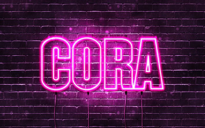 Cora, 4k, wallpapers with names, female names, Cora name, purple neon lights, horizontal text, picture with Cora name
