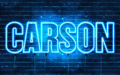 Carson, 4k, pap&#233;is de parede com os nomes de, texto horizontal, Carson nome, luzes de neon azuis, imagem com Carson nome