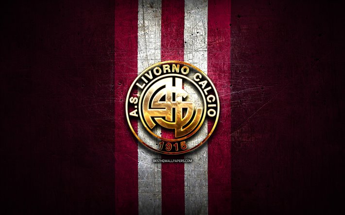 Livorno FC, ouro logotipo, Serie B, vermelho de metal de fundo, futebol, COMO Livorno, italiano de futebol do clube, Livorno logotipo, It&#225;lia