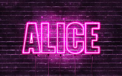 Alice, 4k, taustakuvia nimet, naisten nimi&#228;, Alice nimi, violetti neon valot, vaakasuuntainen teksti, kuva Alice nimi