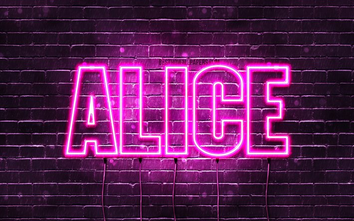 Alice, 4k, wallpapers with names, female names, Alice name, purple neon lights, horizontal text, picture with Alice name