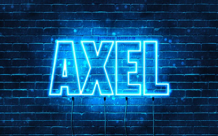 Axel, 4k, taustakuvia nimet, vaakasuuntainen teksti, Axel nimi, blue neon valot, kuva Axel nimi