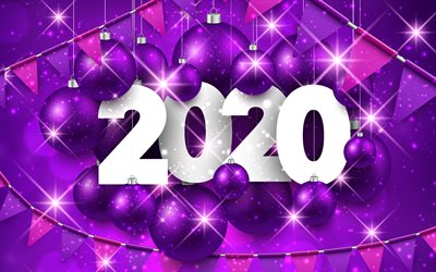 Happy New Year 2020, purple xmas balls, 4k, 2020 concepts, 3D art, 2020 on purple background, 2020 3D art, creative, 2020 year digits, 2020 white paper digits