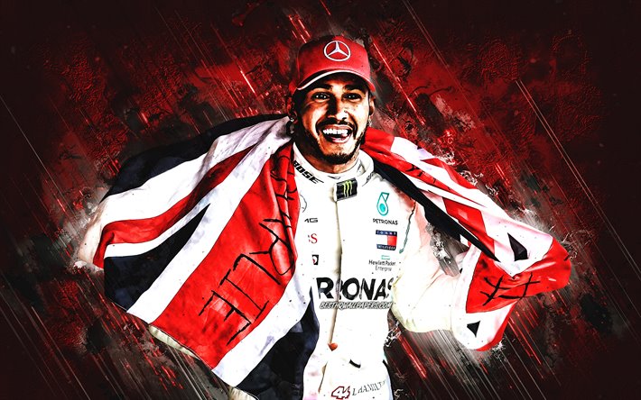 Lewis Hamilton, Brittisk racerf&#246;rare, Formel 1, portr&#228;tt, BRITTISKA flaggan, V&#228;rldsm&#228;stare, F1, kreativa r&#246;d bakgrund