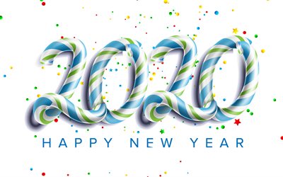 Happy New Year 2020, 3d letters, Christmas, New Year 2020, White 2020 background, 2020 concepts, 2020 3d art