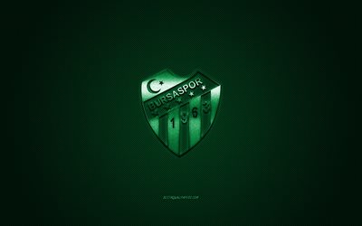 Bursaspor, Turkish football club, 1 Lig, green logo, green carbon fiber background, football, Bursa, Turkey, Bursaspor logo
