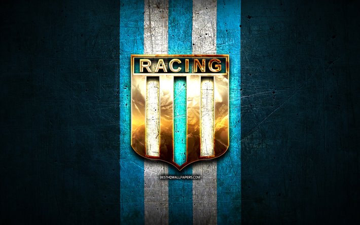 Racing FC, golden logo, Argentine Primera Division, blue metal background, football, Racing Club de Avellaneda, argentinian football club, Racing Club logo, soccer, Argentina, Racing Club