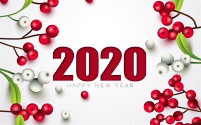 Happy New Year 2020, 4k, red berries, 2020 concepts, white background, Christmas, New Year 2020, Christmas background with berries, Happy New Year