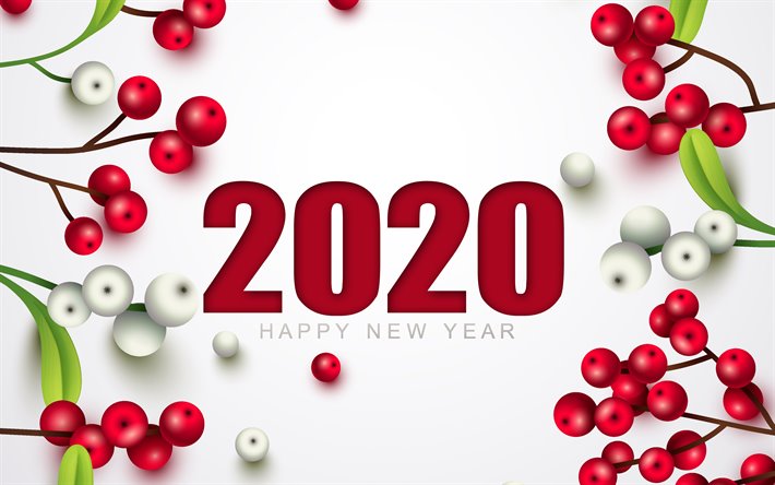 Feliz Nuevo A&#241;o 2020, 4k, bayas rojas, 2020 conceptos, fondo blanco, Navidad, Nuevo A&#241;o 2020, fondo de Navidad con bayas, Feliz A&#241;o Nuevo