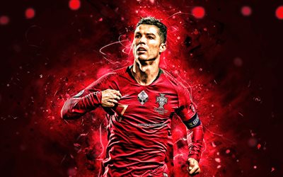 Cristiano Ronaldo, 2019, goal, Portugal National Team, close-up, soccer, CR7, Portuguese football team, Ronaldo, joy, red neon lights, Cristiano Ronaldo dos Santos Aveiro
