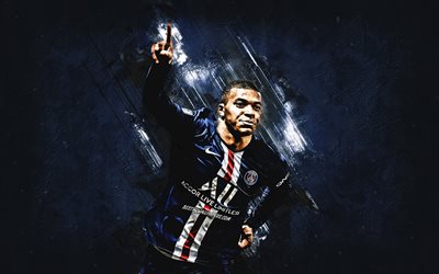 Kylian Mbappe, Paris Saint-Germain, French football player, portrait, dark blue stone background, PSG, Ligue 1, Champions League, France, football