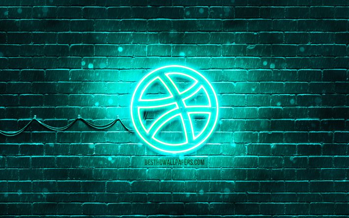 Logo turchese Dribbble, 4k, muro di mattoni turchese, logo Dribbble, social network, logo al neon Dribbble, Dribbble