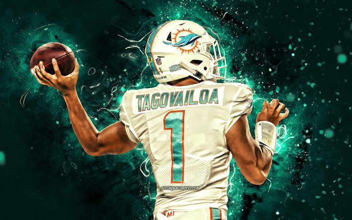 Tua Tagovailoa, 4k, quarterback, Miami Dolphins, back view, football am&#233;ricain, NFL, Tuanigamanuolepola Tagovailoa, Tua Tagovailoa Miami Dolphins, n&#233;on lights, Tua Tagovailoa 4K