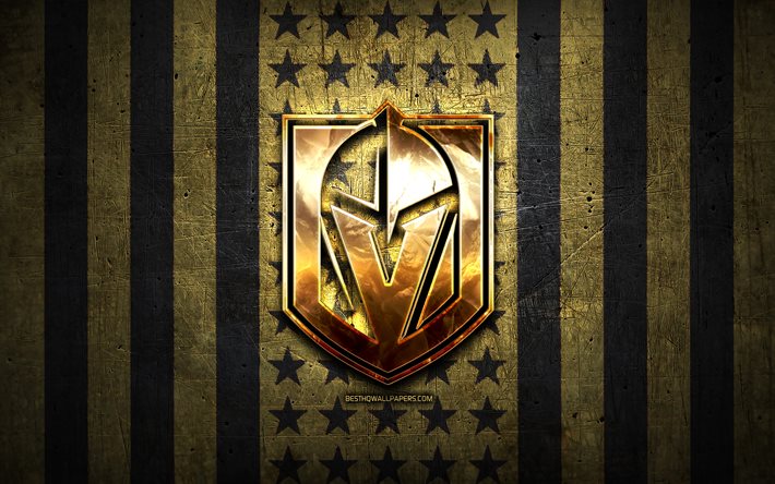 Vegas Golden Knightsin lippu, NHL, ruskea black metal -tausta, amerikkalainen j&#228;&#228;kiekkojoukkue, Vegas Golden Knights -logo, USA, j&#228;&#228;kiekko, kultainen logo, Vegas Golden Knights