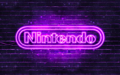 Nintendo violetti logo, 4k, violetti tiilisein&#228;, Nintendo logo, tuotemerkit, Nintendo neon logo, Nintendo