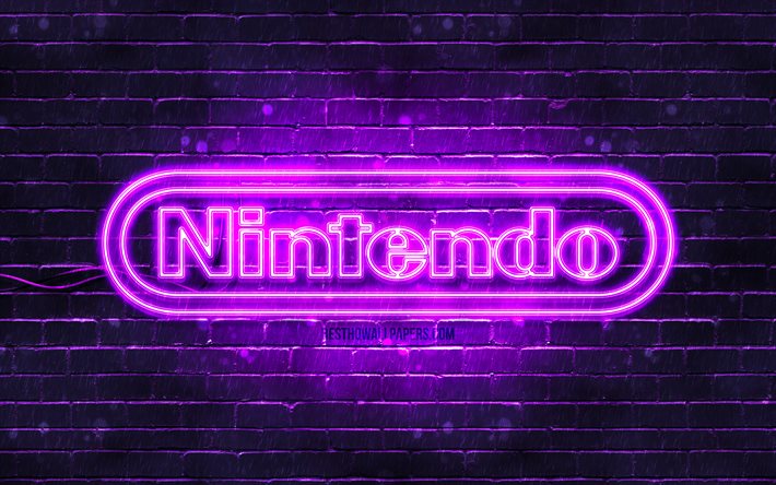 Nintendo violetti logo, 4k, violetti tiilisein&#228;, Nintendo logo, tuotemerkit, Nintendo neon logo, Nintendo
