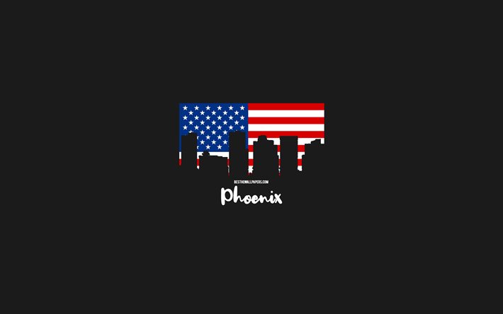 Phoenix, Amerikan kaupungit, Phoenix siluetti taivaanranta, USA lippu, Phoenix kaupunkikuva, Yhdysvaltain lippu, YHDYSVALLAT, Phoenix taivaanranta