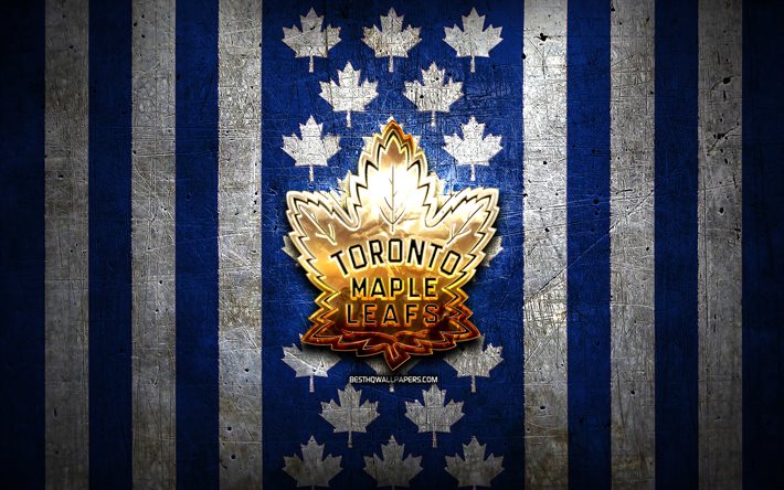 Toronto Maple Leafs flagga, NHL, bl&#229; vit metall bakgrund, kanadensiska hockeylag, Toronto Maple Leafs logotyp, hockey, gyllene logotyp, Toronto Maple Leafs