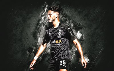 Ramy Bensebaini, Borussia Monchengladbach, algerian footballer, portrait, black stone background, Bundesliga, Borussia MG