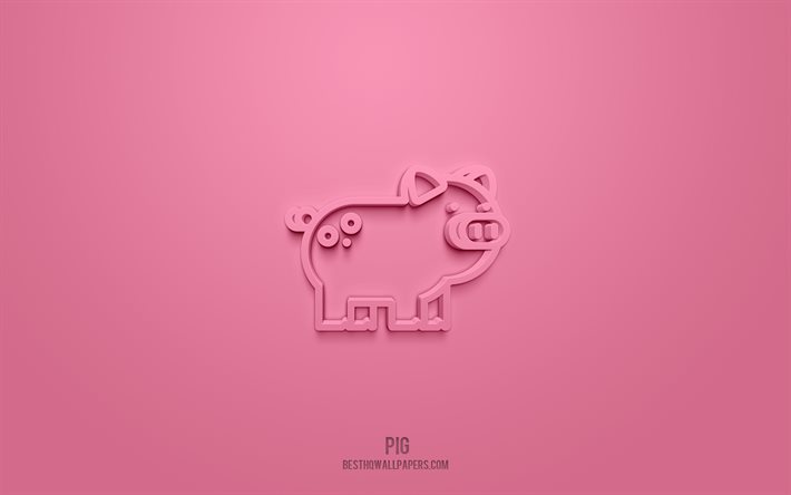 Pig 3d icon, pink background, 3d symbols, Pig, Animals icons, 3d icons, Pig sign, Animals 3d icons