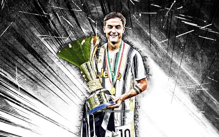 4k, Paulo Dybala with cup, grunge art, Juventus FC, Bianconeri, football stars, Paulo Dybala, argentinian footballers, Italy, Juve, Dybala, soccer, white abstract rays, Serie A