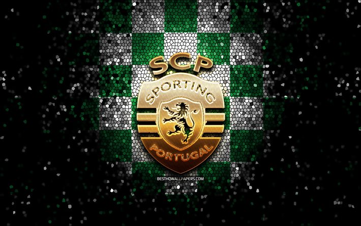 Sporting FC, kimalluslogo, Primeira Liga, vihre&#228; valkoinen ruudullinen tausta, jalkapallo, portugalilainen jalkapalloseura, Sporting-logo, mosaiikkitaide, Sporting SP